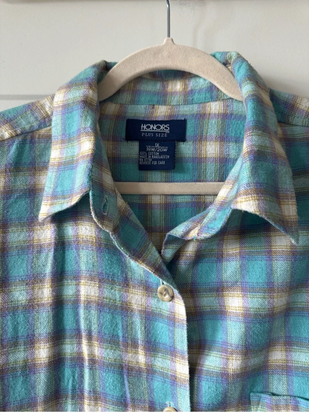 Vintage Honors Plus Size 100% Cotton Plaid Flannel Shirt 1X Teal Purple Cottagec